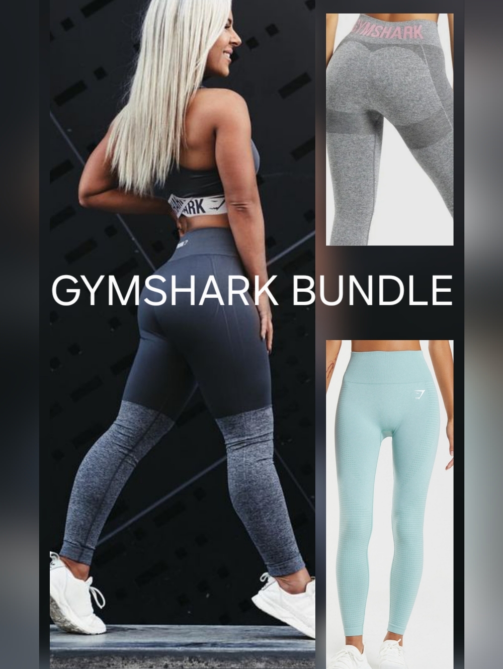 Gymshark Seamless Leggings Bundle - Black, Light Blue, Gray with Pink Logo